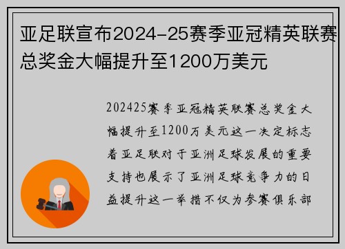 亚足联宣布2024-25赛季亚冠精英联赛总奖金大幅提升至1200万美元