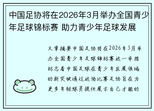中国足协将在2026年3月举办全国青少年足球锦标赛 助力青少年足球发展 中国足协将在2026年3月举办全国青少年足球锦标赛 助力青少年足球发展